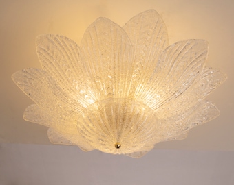 Clear Murano glass ceiling lamp, handcrafted leaves with grit, chandelier design Made in Italy