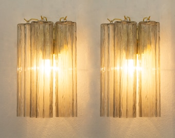 Set of 2 Wall sconce with Murano glass smoky color Made in Italy, vintage style wall lamp with glass trunk