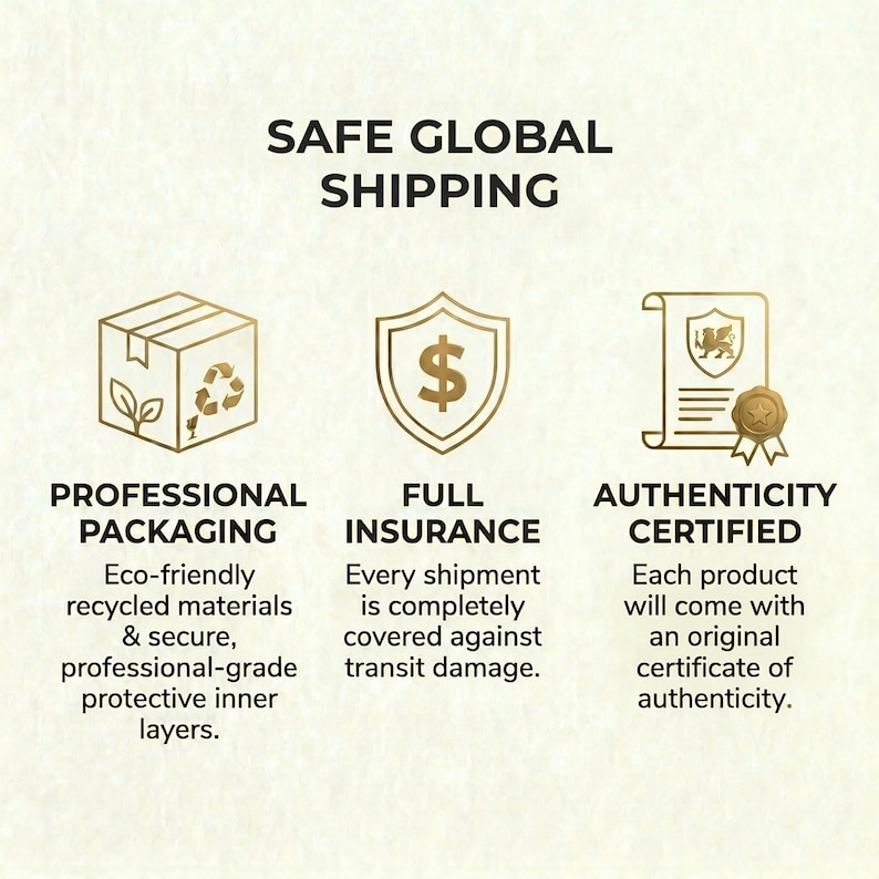 The image is a visual representation of three different types of shipping services: Professional Packaging, Full Insurance, and Authenticity Certified. Each service has its own set of features and benefits, such as eco-friendly packaging, full insurance coverage, and authenticity certificates.