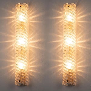 Elongated Sconces Murano Clear Blown Glass with grit - Brass Frame, Set of Two