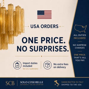 The image is an advertisement for Solo-Cose-Belle, an American lighting company. It features a close-up of a chandelier and highlights the company's commitment to providing a single price for all their products, including duties included for U.S. customers. The ad emphasizes that no surprise charges, extra fees, or hidden costs are included, and that the company ships all their products directly to the USA.