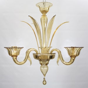 Handmade Murano glass chandelier amber color with artistic decorations, 3 lights, handmade Made in Italy