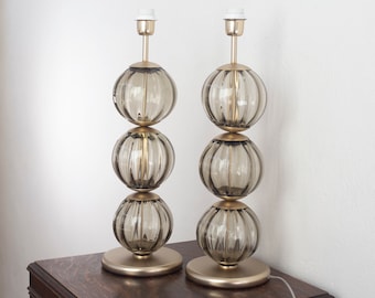 Set of 2 Table Lamps with Murano blown glass spheres gray color, handmade Made in Italy lighting design
