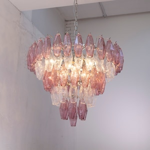 Made in Italy amethyst crystal polyhedron suspension lamp in Murano glass, Venini style vintage chandelier