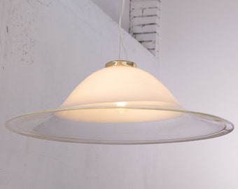 White Hanging Lamp, Murano Glass Ceiling Lamp with Hot Applications 1980s Made in Italy