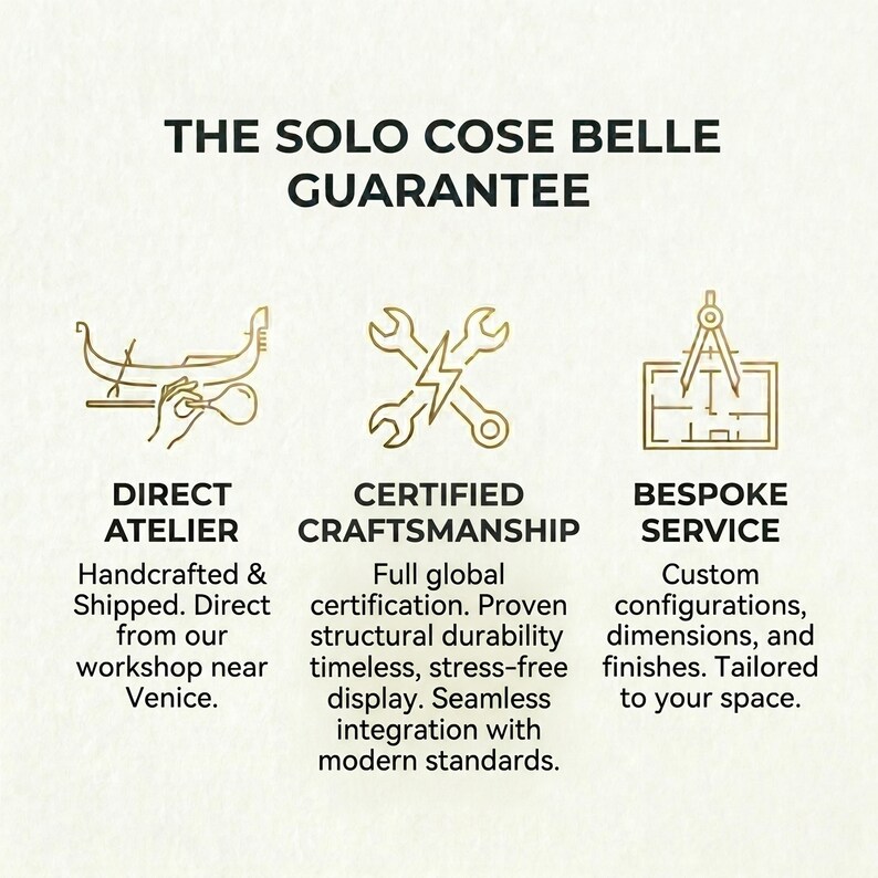 The image is a visual representation of a guarantee offered by a company called "The Solo Cose Belle". It features three different types of guarantee services: Direct Atelier, Certified Craftsmanship, and bespoke Service, each represented by a stylized icon.