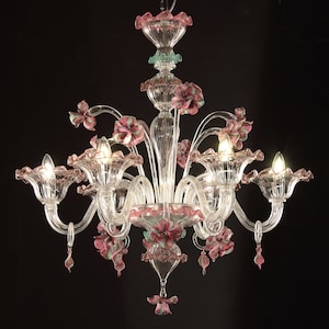 Venetian blown Murano glass chandelier with amethyst, pink and green decorations and flowers handcrafted Made in Italy