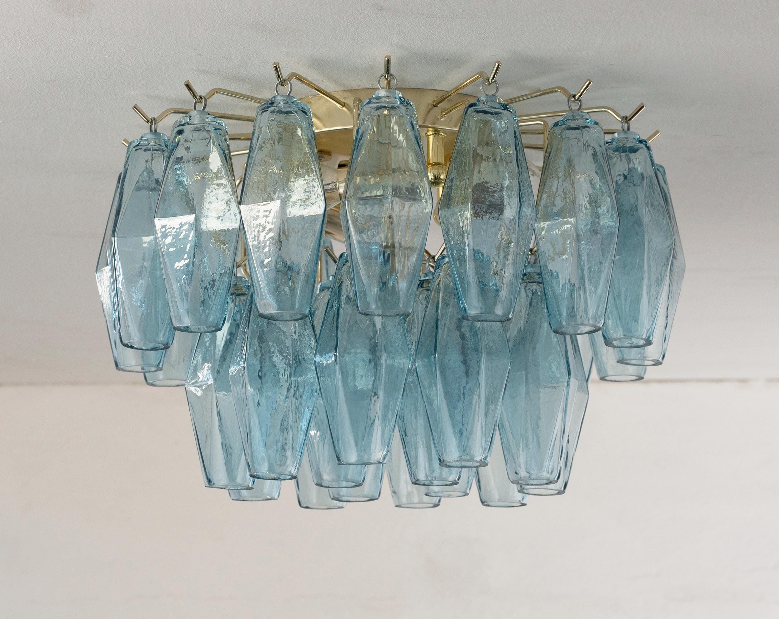 Ceiling lamp with blue Murano glass polyhedrons, ceiling chandelier diameter 40 cm design vintage style Made in Italy