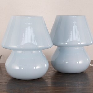 Set of 2 Murano glass mushroom lamp light blue color height 18cm, Made in Italy design couple table lamp