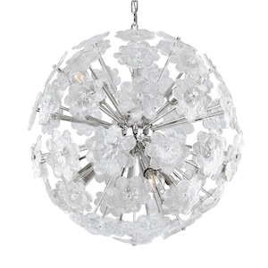 Vintage Sputnik large chandelier with Murano glass flowers and chrome frame, handmade Made in Italy
