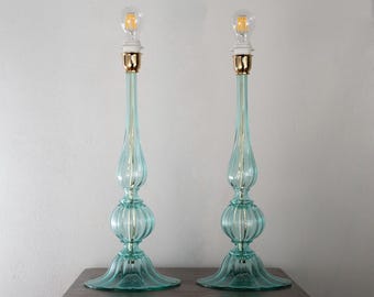 Tischlampen aus Glas – Paar handgefertigte venezianische Murano-Aquamarin-Leuchten