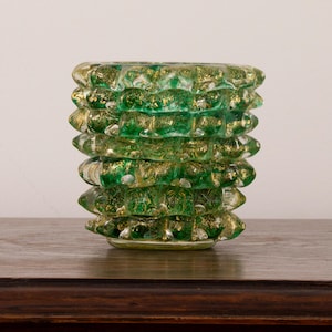 Luxus Geschenkidee aus Italien: kleine grün-goldene Murano Glas Vase Rostrato, künstlerische Verarbeitung Handarbeit Made in Italy Höhe 12 cm