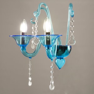 Stunning handcrafted Murano glass wall sconce aquamarine color and crystals pendants, handmade Made in Italy wall lamp