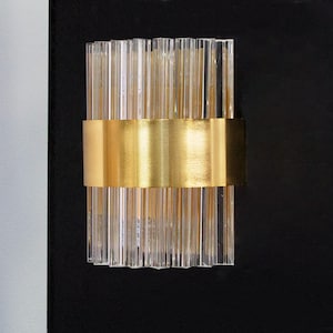 Wall sconce with triedri Murano glass Made in Italy clear color and brass finish,  design lighting mid-century style