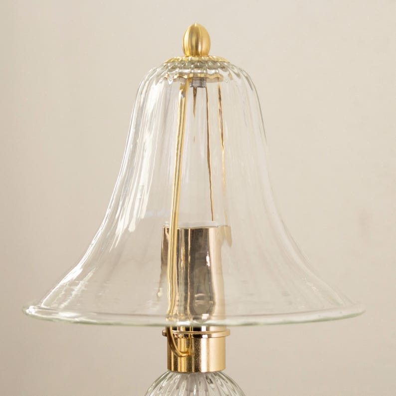 A close-up view of a clear glass lamp shade with a gold-colored metal base.