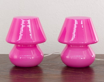 80s vibes! Set of 2 Fucsia Murano glass mushroom lamp height 18cm, Made in Italy design table lamp