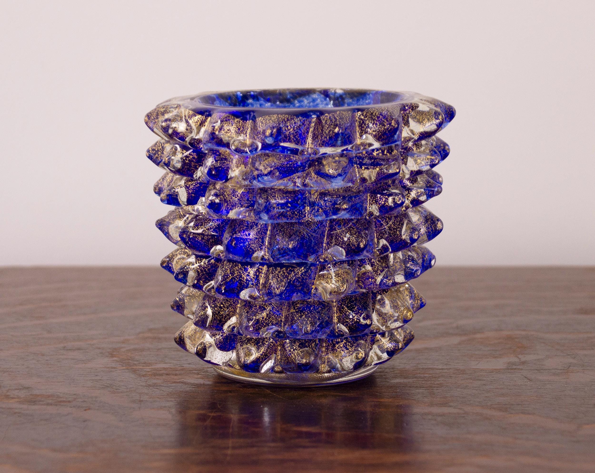 Luxury Gift Idea From Italy Small Blue & Gold Murano Glass Vase Rostrato, Artistic Workmanship Handmade Made in Italy Height 12 cm
