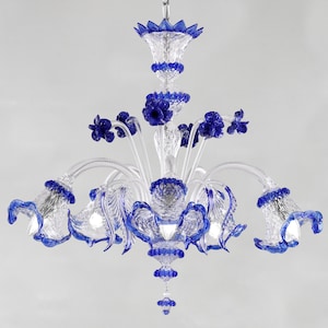 Handmade crystal color chandelier with decorations and blue flowers in Murano glass height 70cm, 5 lights, handmade Made in Italy