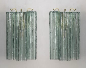 Murano Wall Lamp Tronchi Pair - Rialto Green Glass Hand-blown Italy - Vintage Style