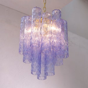 Suspension chandelier Made in Italy Murano glass cylinders decorated blue-violet color Ø40 cm, vintage style design chandelier