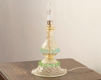 Tafellamp in kristal en goud Murano-glas met turquoise en groene artistieke decoraties, hoogte 27 cm, handgemaakt, Made in Italy