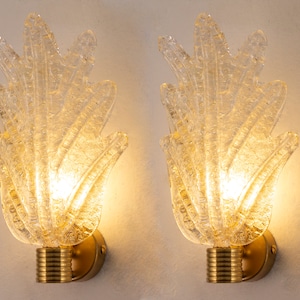 Set of 2 Wall sconce with gold decorated Murano glass leaf, Made in Italy elegant handmade wall lamp with brass frame