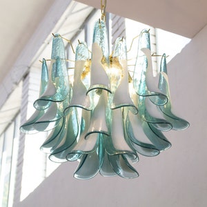Large pendant lamps Petali Ø57 cm Made in Italy Murano glass teal and white color, vintage style chandelier lighting