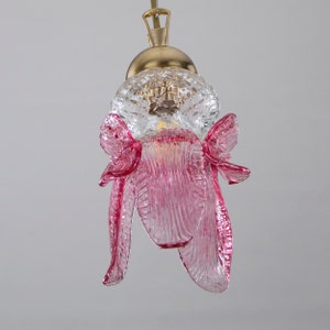 Handmade Murano glass pendant, crystal color with decorated ruby petals and gold details, chandelier design Made in Italy