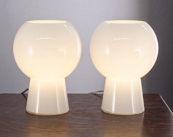 Mushroom Table Lamps: Handblown Murano Glass Pair (White, 25cm)