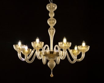 Large handmade gold Original Murano Glass chandelier, 8 lights, handmade Made in Italy lighting design
