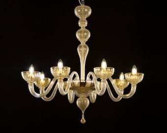 Stunning original handmade gold-colored Murano glass chandelier, 8 lights, handmade Made in Italy lighting design