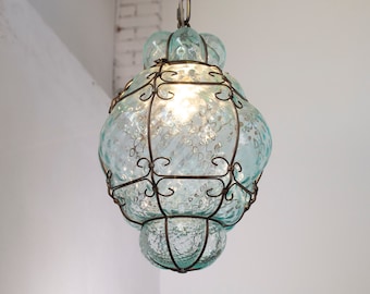 Blown Original Murano Glass Venetian lantern aquamarine color, Made in Italy vintage style chandelier