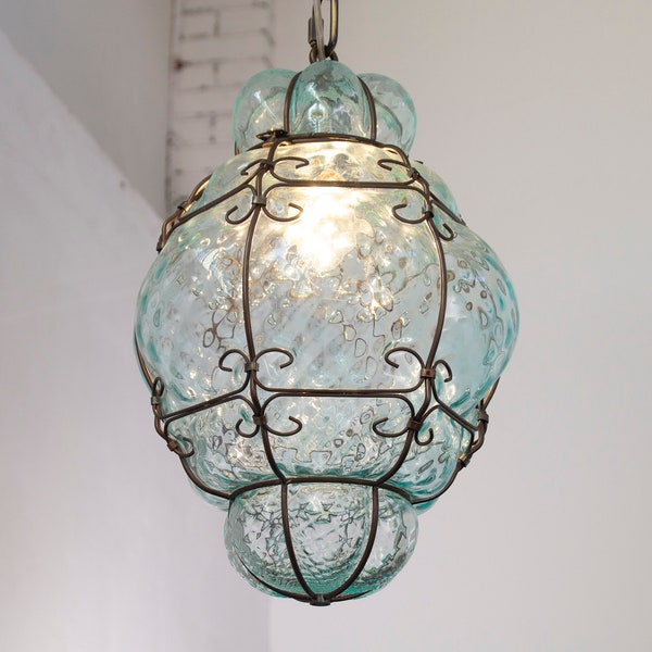 Blown Original Murano Glass Venetian lantern aquamarine blu color, Made in Italy vintage style chandelier