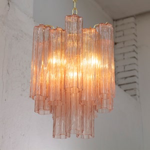 Suspension lamp Made in Italy Tronchi in cipria pink Murano glass vintage style, ceiling chandelier 36 cm diameter