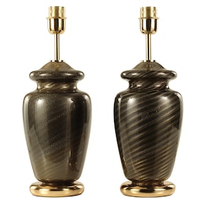 Stunning and rare set of 2 italian table lamp original vintage black avventurina glass by Effetre International