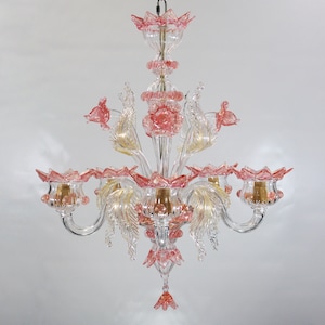 From the Factory Venetian blown Murano glass chandelier with pink and gold leaves and flowers, handmade Made in Italy