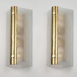 Murano Sconce Frost Glass Hammered Brass Wall Light Italian Modernist Lamp Set of 2