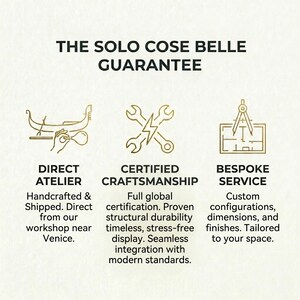 The image is a visual representation of a guarantee offered by a company called "The Solo Cose Belle". It features three different types of guarantee services: Direct Atelier, Certified Craftsmanship, and bespoke Service, each represented by a stylized icon.