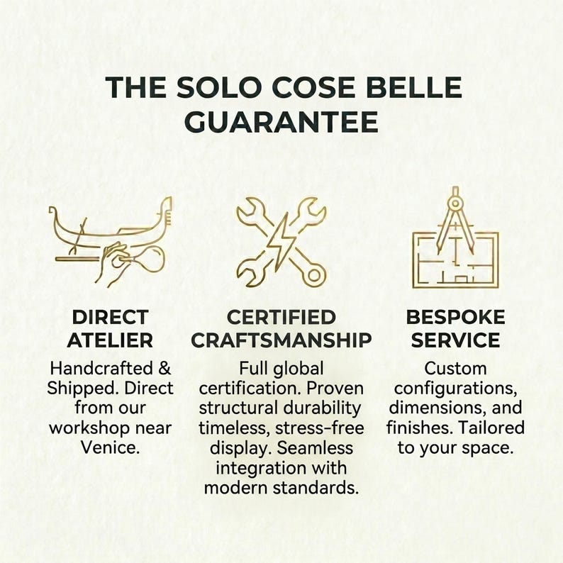 The image is a visual representation of a guarantee offered by a company called "The Solo Cose Belle". It features three different types of guarantee services: Direct Atelier, Certified Craftsmanship, and bespoke Service, each represented by a stylized icon.