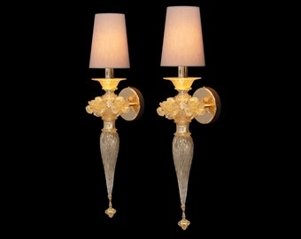 Set of 2 Venetian Murano Glass Wall Sconces, Gold & Crystal Lampshade