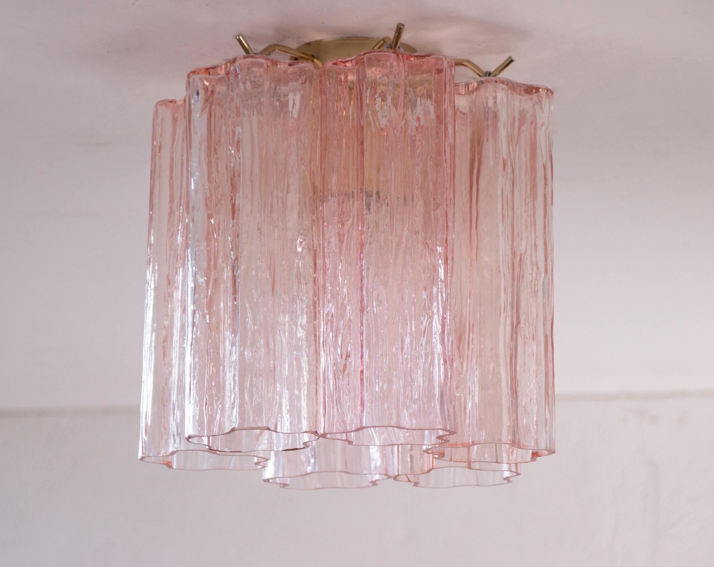 Piccola plafoniera in vetro di Murano rosa Tronchi, lampadario da soffitto diametro 20 cm design stile vintage Made in Italy