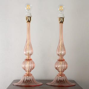 Pair of Murano glass table lamps pink color, handmade Made in Italy Venetian design lighting