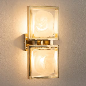 Wall sconces with clear and white Murano glass brick with brass frame, handmade Space Age sconce lamps Made in Italy