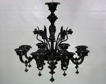 Elegante handgemaakte kroonluchter van zwart Muranoglas met artistieke decoraties, 8 lampen, handgemaakt Made in Italy