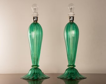 Murano Blown Glass Table Lamps, Green with Gold Leaf, Handmade Set of 2