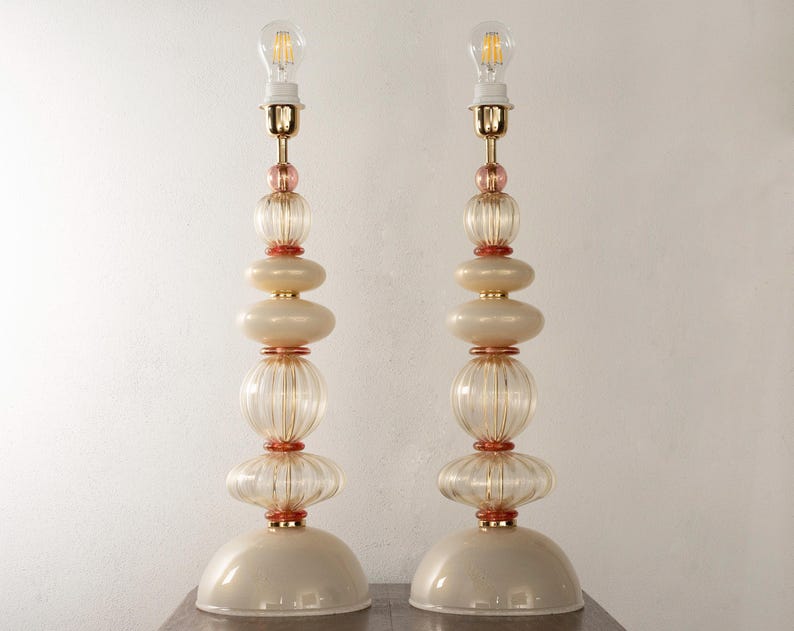 Glass Table Lamps: Murano Handmade Pair (Ivory, Pink, Gold Leaf) image 1