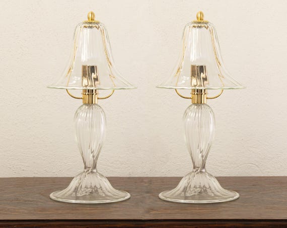 Venetian Murano Glass Lamps, Clear Handmade (Pair of 2)