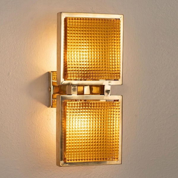 Amber Murano Glass Brick Wall Sconce - Italian design Brass Frame designer lamp