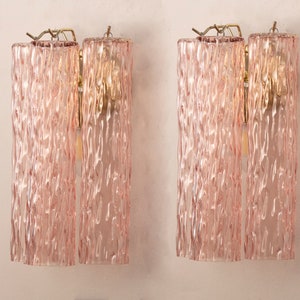 Set of 2 Wall sconce with Murano blown glass pink color Made in Italy, vintage wall lamp with 3 bark tubes