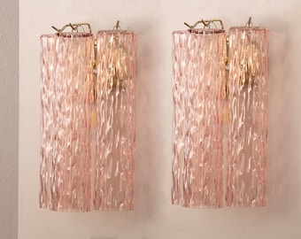 Set of 2 Wall sconce with Murano blown glass pink color Made in Italy, vintage wall lamp with 3 bark tubes